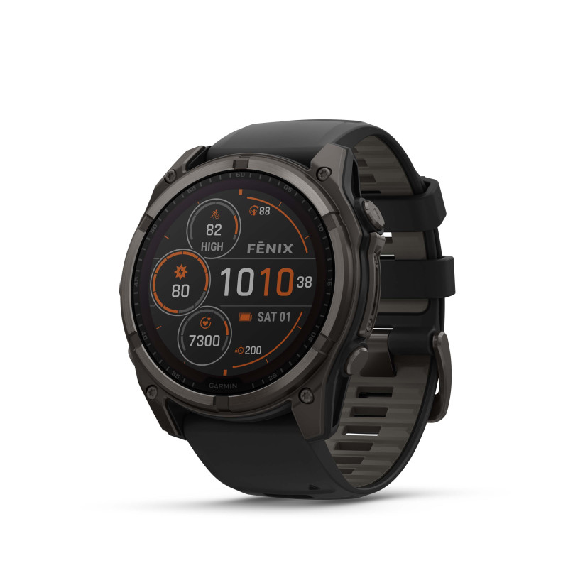 Garmin fēnix® 8 – 51 mm, Solar, Sapphire Carbon grey DLC titanium s Black/Grey silikonovým řemínkem